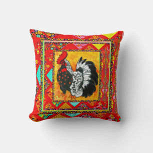 Rooster Art with Red Borders Throw Pillow