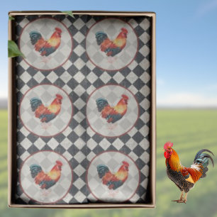 Rooster Black White Checkered French Farmhouse   Tissue Paper