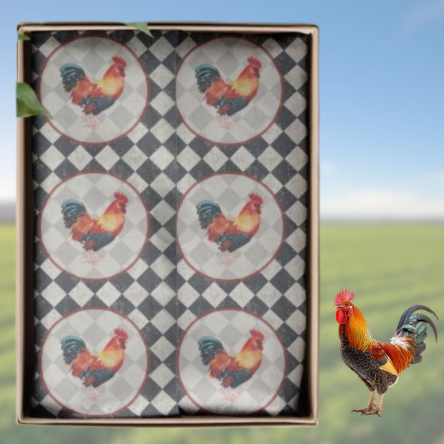 Rooster Black White Checkered French Farmhouse   Tissue Paper (Creator Uploaded)