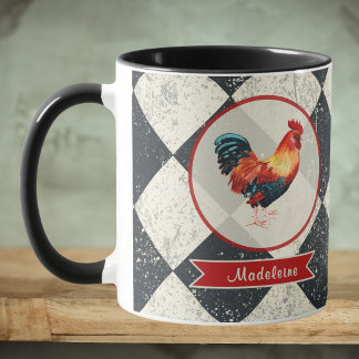 Rooster Black White Chequered Farmhouse Cafe Mug