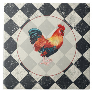 Rooster Black White Chequered French Farmhouse Tile