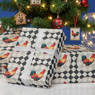 Rooster Black White Chequered French Farmhouse Wrapping Paper