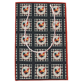 Rooster Black White Red Checks French Farmhouse Medium Gift Bag