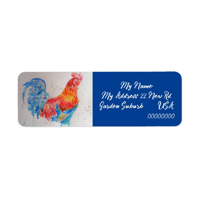 Rooster bleu rouge Aquarelle Retourner l'adresse É (Devant)