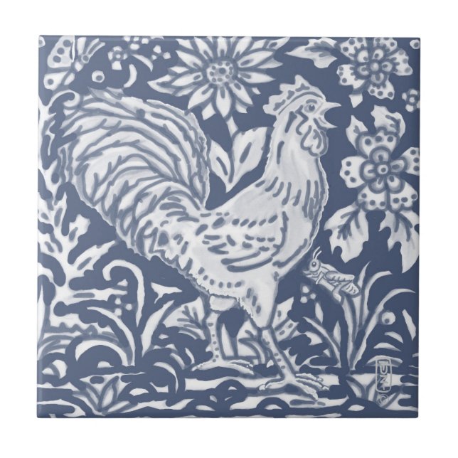 Rooster Blue White Botanical Delft Denim Ceramic T Tile (Front)