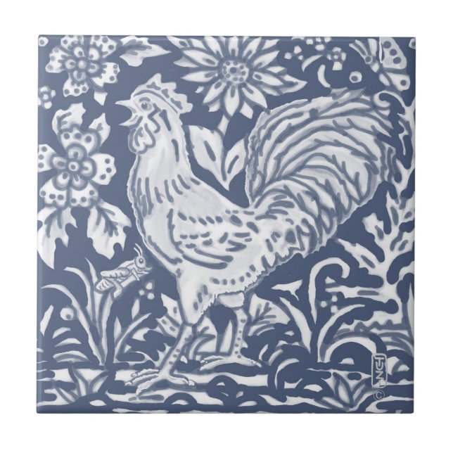 Rooster Blue White Botanical Delft Denim Faces L Tile (Front)