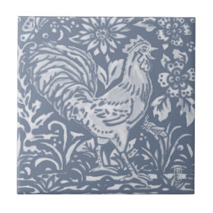 Rooster Blue White Botanical Delft Painting Tile
