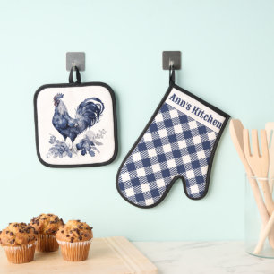 "Rooster" Blue Willow Style Custom Oven Mitt & Pot Holder Set