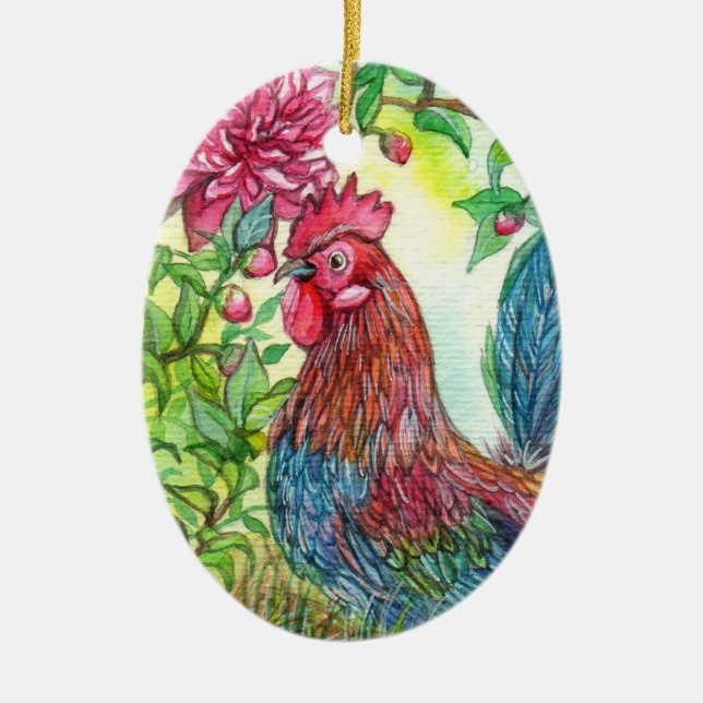Rooster By Peony Ceramic Ornament (Front)