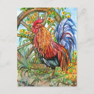 Rooster by Wheel Garden Postcard