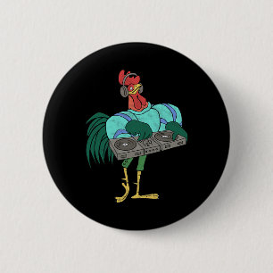 Rooster Cartoon Dj With Turntables Distressed 2 Inch Round Button