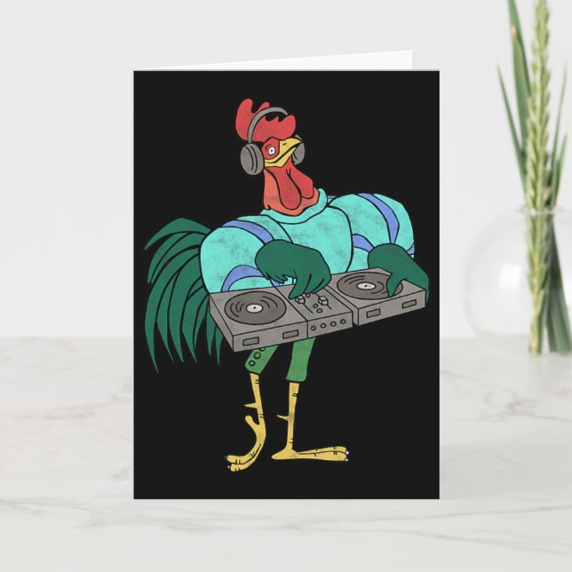 Rooster Cartoon Dj With Turntables Distressed  Card (Front)