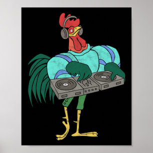Rooster Cartoon Dj With Turntables Distressed Poster