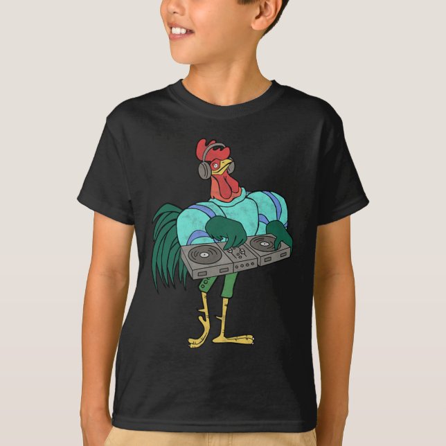 Rooster Cartoon Dj With Turntables Distressed  T-Shirt (Front)