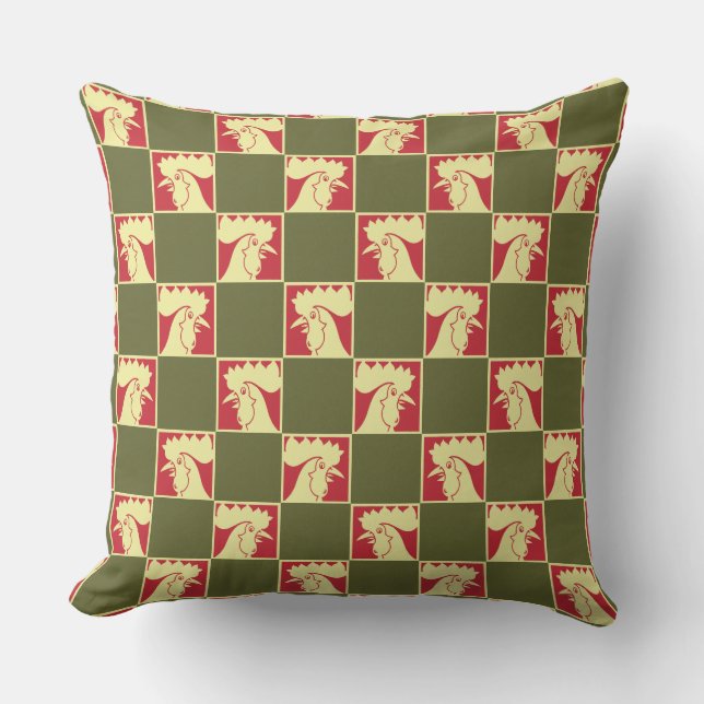 Rooster Chequerboard Pattern Throw Pillow (Front)