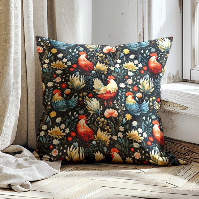 Rooster Chicken Farmhouse Navy Blue Farm  Throw Pillow (Red and blue rooster pattern on black decorator pillow)