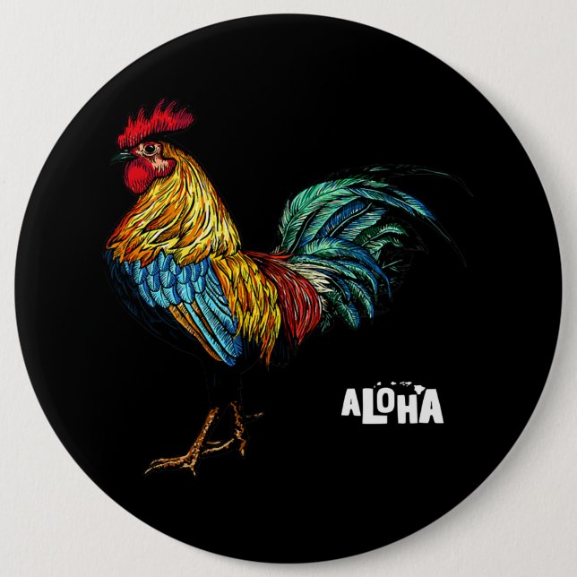 rooster chicken hawaii aloha hawaiian 157 6 inch round button (Front)
