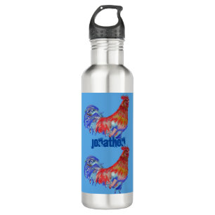 Rooster Chicken Red Blue watercolor art Boys 710 M 710 Ml Water Bottle
