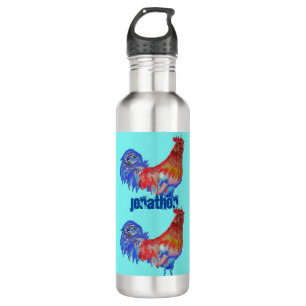 Rooster Chicken Red Blue watercolor art Boys 710 M 710 Ml Water Bottle