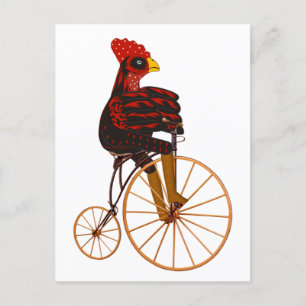 Rooster Chicken Riding A Vintage Bicycle  Postcard