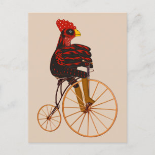 Rooster Chicken Riding A Vintage Bicycle Postcard