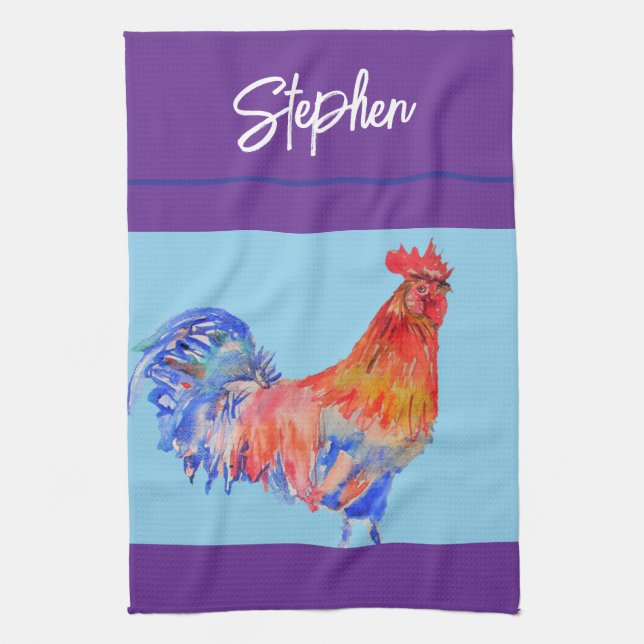Rooster Chicken Watercolor Mens Purple Funny Kitchen Towel (Vertical)