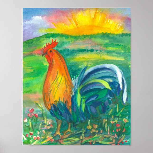 Rooster Chicken Watercolor Painting Poster (Front)