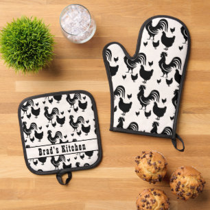 Rooster Chickens Personalized Name Oven Mitt & Pot Holder Set