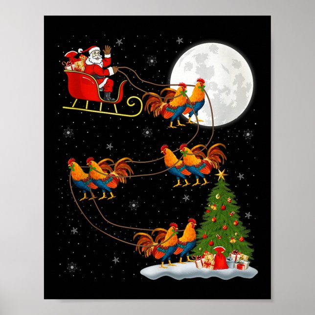 Rooster Chickens Santa Sleigh Flying Funny Magical Poster (Front)