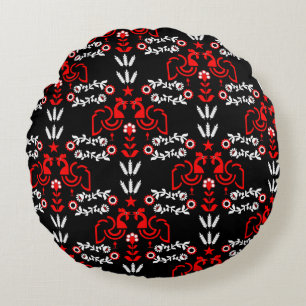 Rooster Cockerel Scandinavian Folk Art   Round Pillow