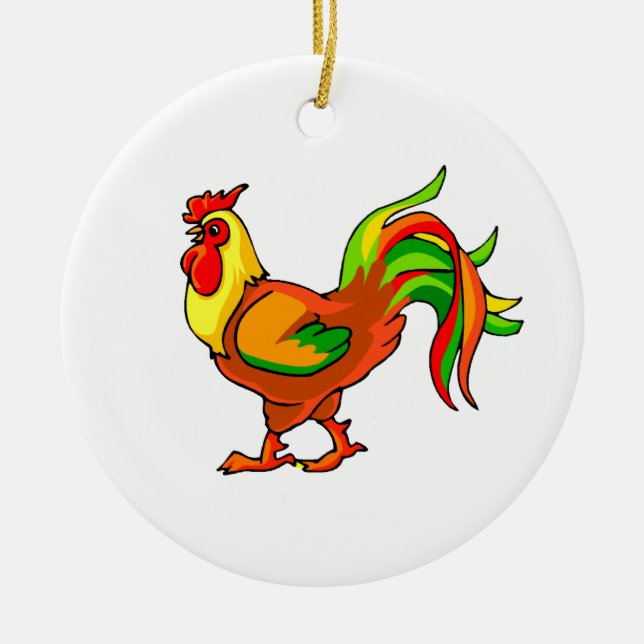 rooster colourful tail green red graphic.png ceramic ornament (Front)