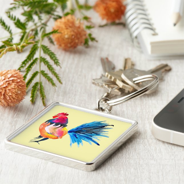 Rooster colourful watercolor illustration keychain (Side)