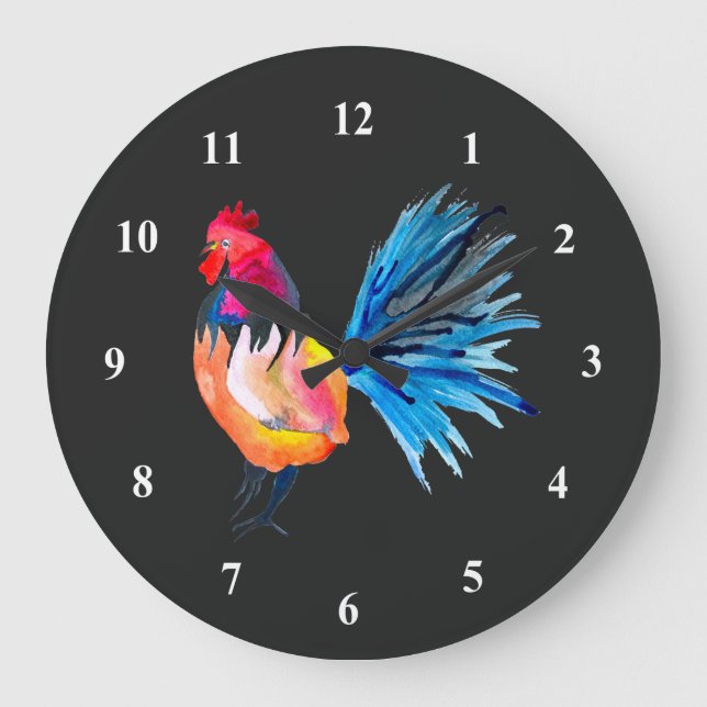 Rooster colourful watercolor illustration large clock (Front)