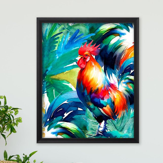 Rooster Colourful Watercolor Poster (Sol the rooster watercolor print in vibrant shades of tropical green, blue and red.)