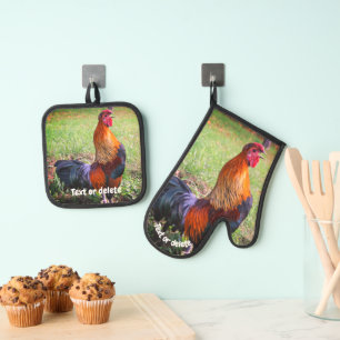 Rooster Crowing Farm Animal Personalized Oven Mitt & Pot Holder Set