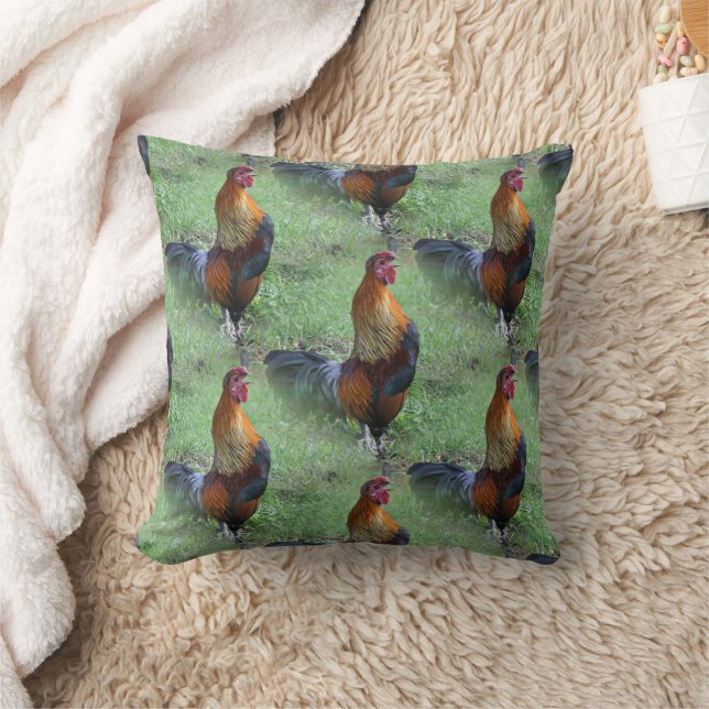 Rooster Crowing Nature Pattern Throw Pillow (Blanket)