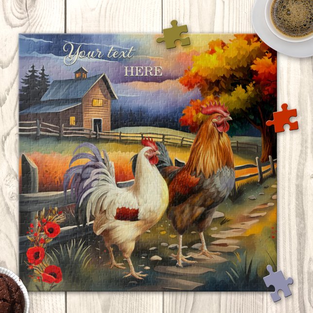 Rooster d'art raffiné Poulet de ferme Puzzle (Puzzle featuring a colorful fine art painting of a rooster and chicken with a farm in the country)