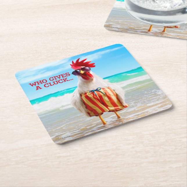 Rooster Dude Chillin' at Beach in Swim Trunks Square Paper Coaster (Angled)