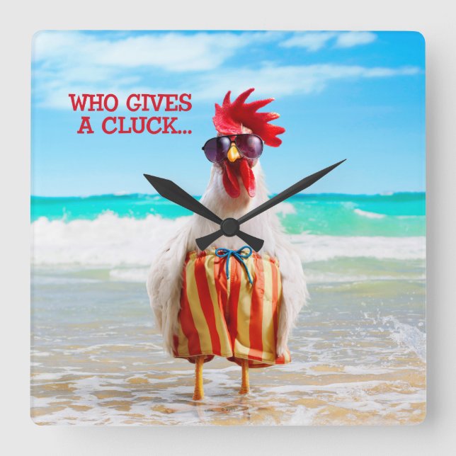 Rooster Dude Chillin' at Beach in Swim Trunks Square Wall Clock (Front)