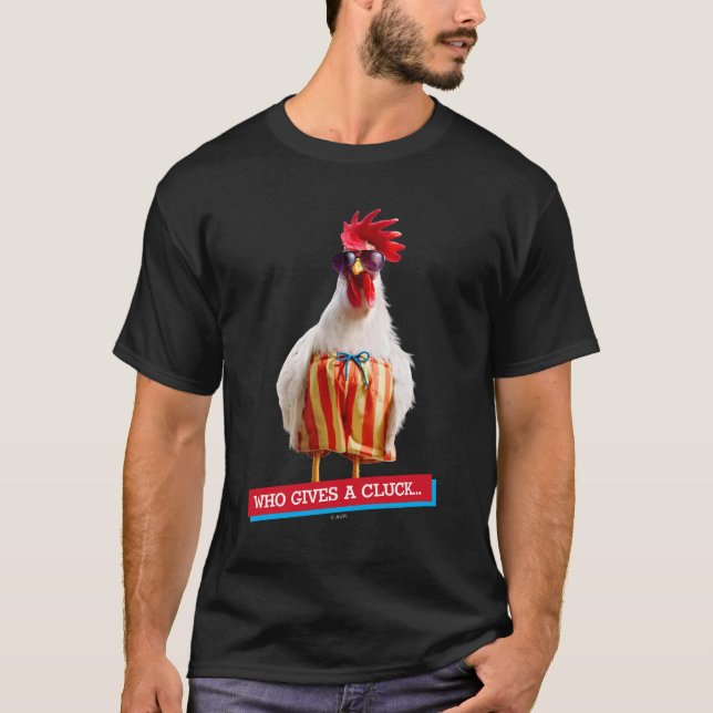 Rooster Dude Chillin' at Beach in Swim Trunks T-Shirt (Front)