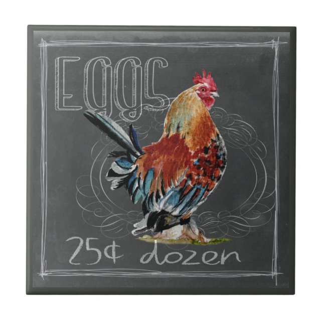 Rooster Eggs On Chalkboard Tile (Front)