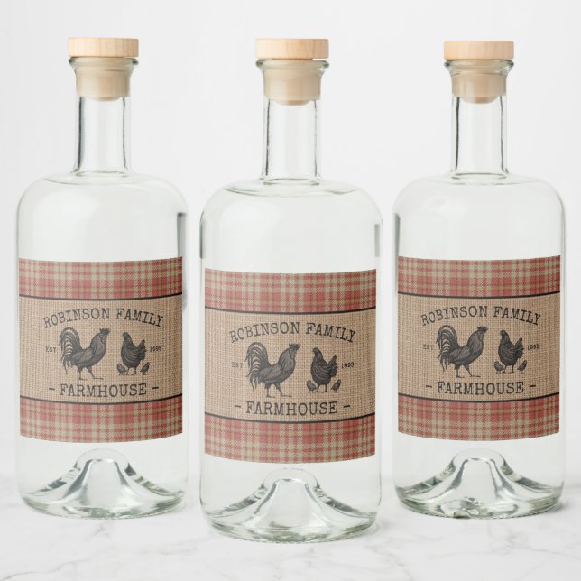 Rooster Fermier Hen Red Plaid Burlap Étiquettes (Bouteilles)