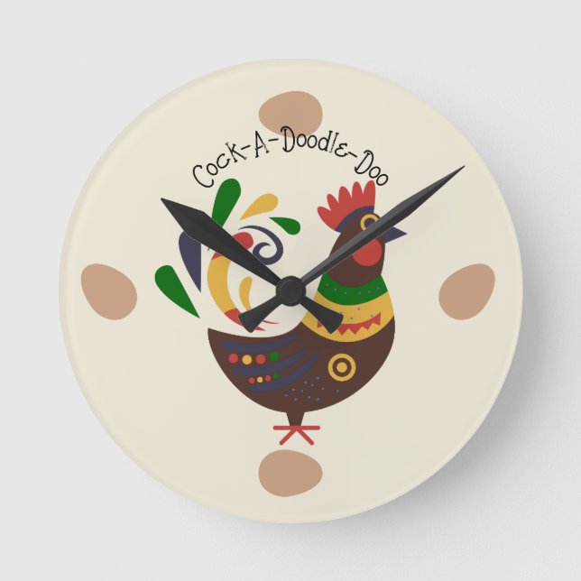"Rooster" Folk Art Style Round Clock (Front)