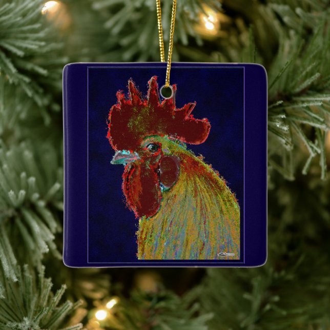 Rooster:  Freestyle Head Ceramic Ornament (Tree)