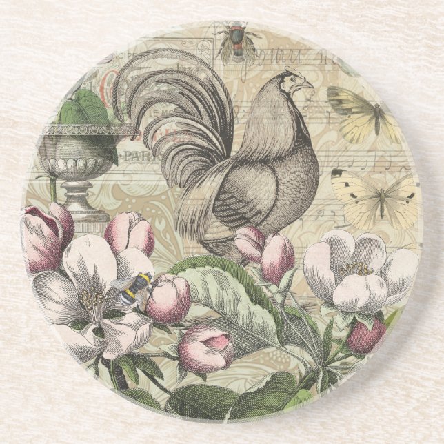 Rooster Garden Flower Butterfly Art Coaster (Front)