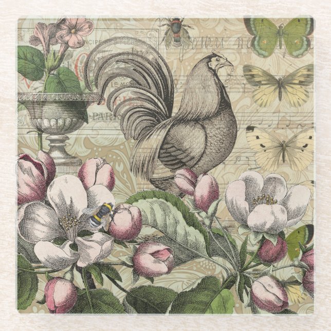 Rooster Garden Flower Butterfly Art Glass Coaster (Front)
