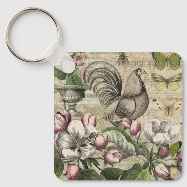 Rooster Garden Flower Butterfly Art Keychain (Front)