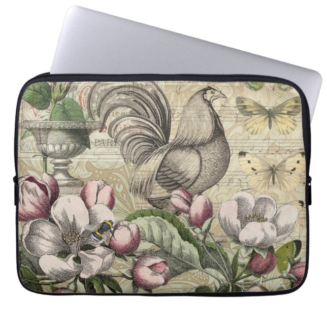 Rooster Garden Flower Butterfly Art Laptop Sleeve (Front)