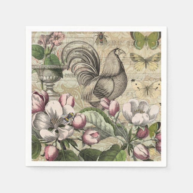 Rooster Garden Flower Butterfly Art Napkin (Front)