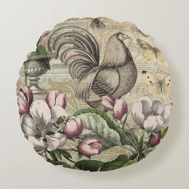 Rooster Garden Flower Butterfly Art Round Pillow (Front)